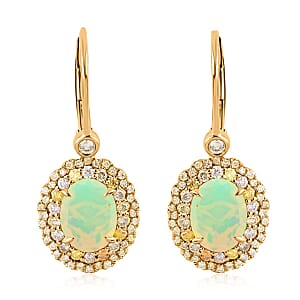 Modani 14K Yellow Gold Ethiopian Welo Opal and Multi Color Diamond Lever Back Earrings (Del. in 10.15 Days) 2.00 ctw