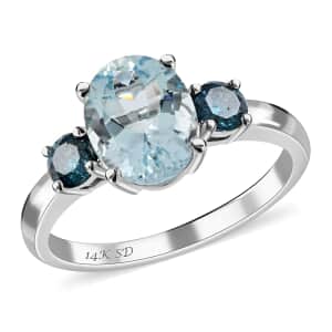 14K White Gold Mangoro Aquamarine and Blue Diamond Ring (Size 7.0) 2.20 ctw