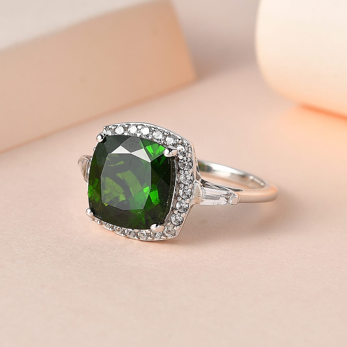 Chrome Diopside and White Zircon Halo Ring in Platinum Over Sterling Silver (Size 10.0) 5.00 ctw image number 1