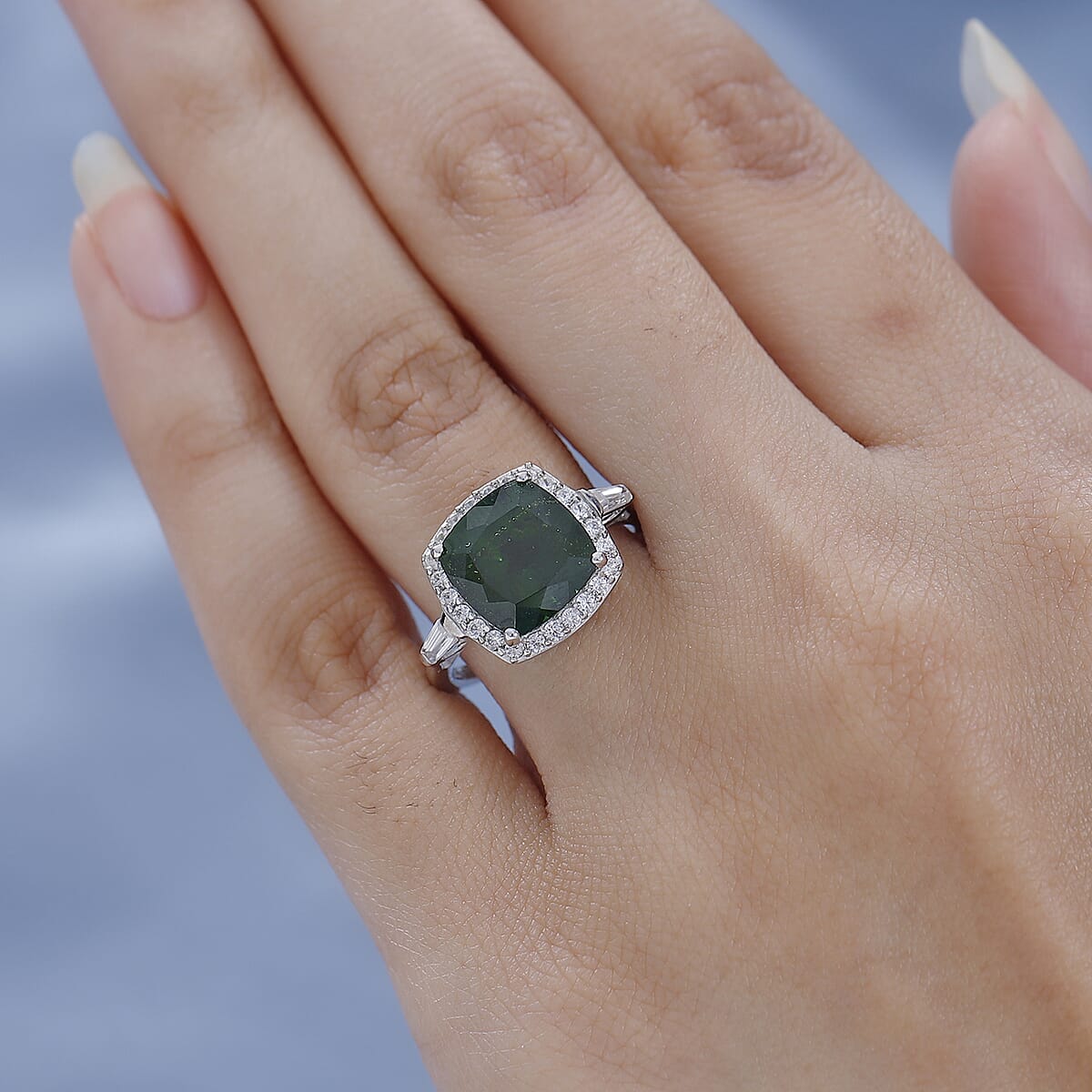 Chrome Diopside and White Zircon Halo Ring in Platinum Over Sterling Silver (Size 10.0) 5.00 ctw image number 2