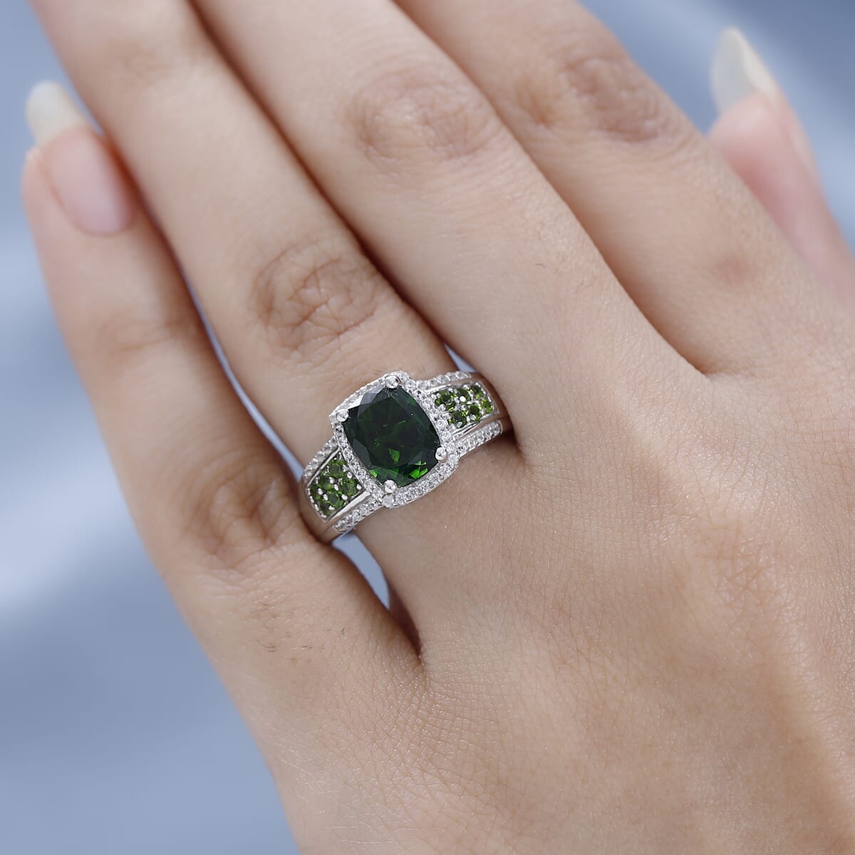 Chrome Diopside and White Zircon Ring in Platinum Over Sterling Silver 2.80 ctw image number 2