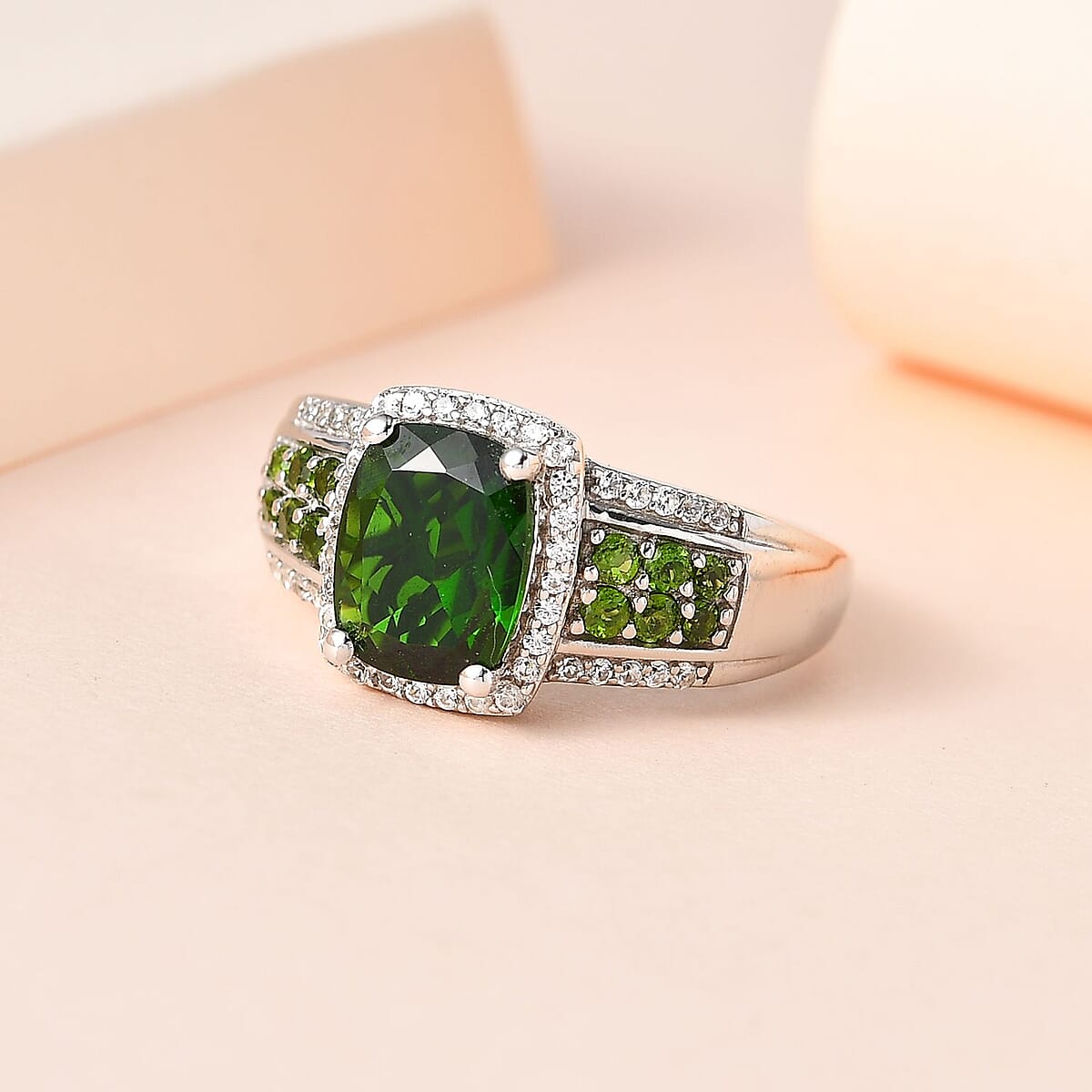 Chrome Diopside and White Zircon Ring in Platinum Over Sterling Silver (Size 7.0) 2.80 ctw image number 1