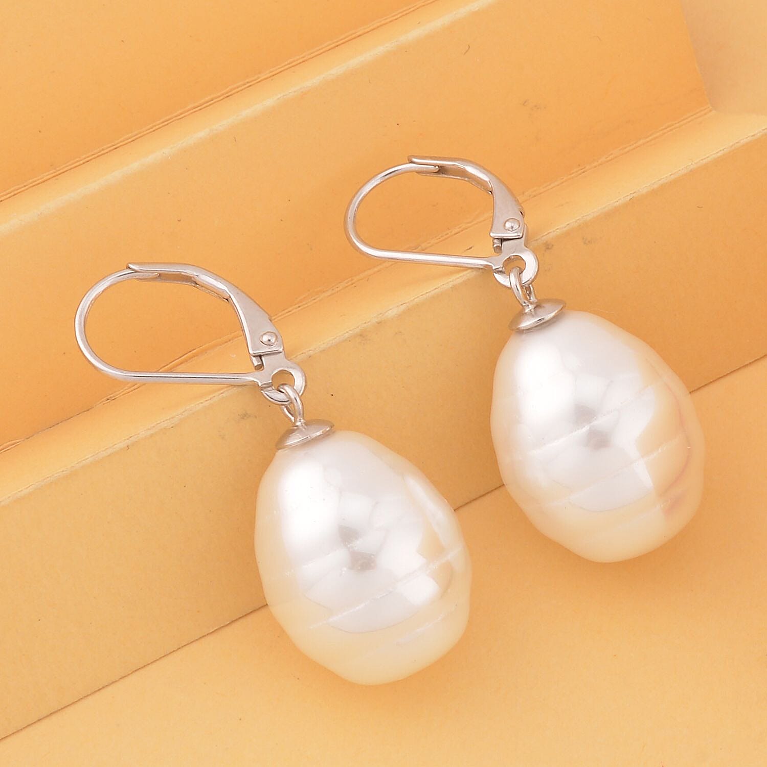 White Shell Pearl Lever Back Earrings in Rhodium Over Sterling Silver