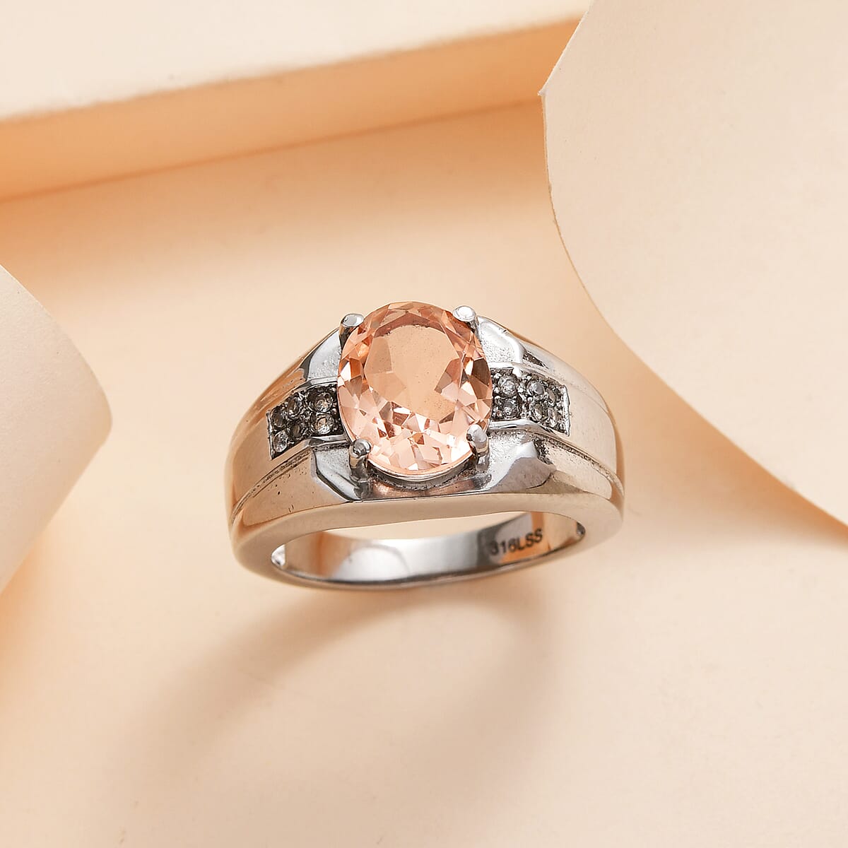 Morganique Quartz (Triplet) and White Zircon Men's Ring in Stainless Steel 4.00 ctw image number 1