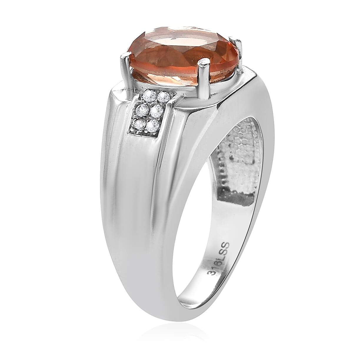 Morganique Quartz (Triplet) and White Zircon Men's Ring in Stainless Steel 4.00 ctw image number 3