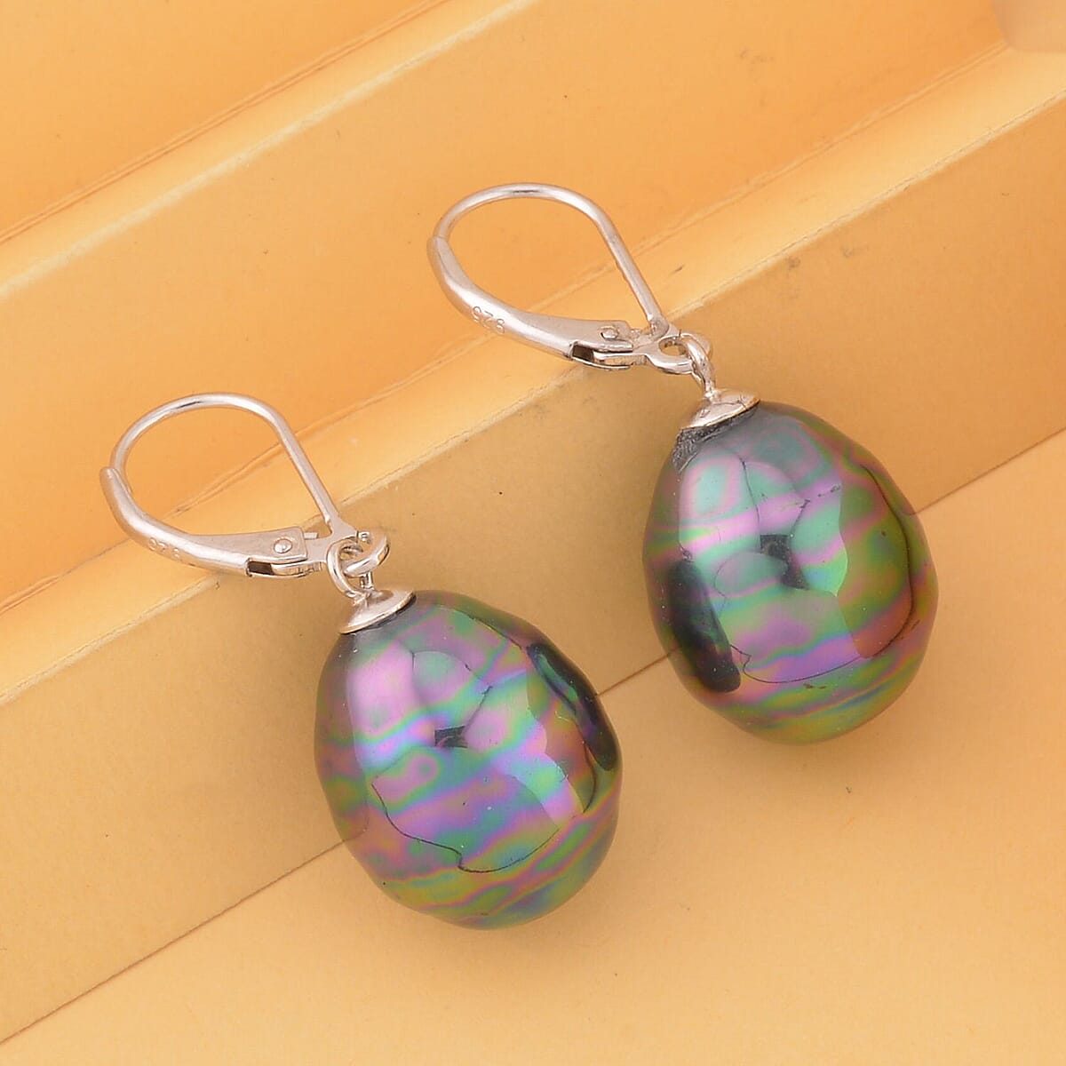 Peacock Color Shell Pearl Lever Back Earrings in Rhodium Over Sterling Silver image number 1
