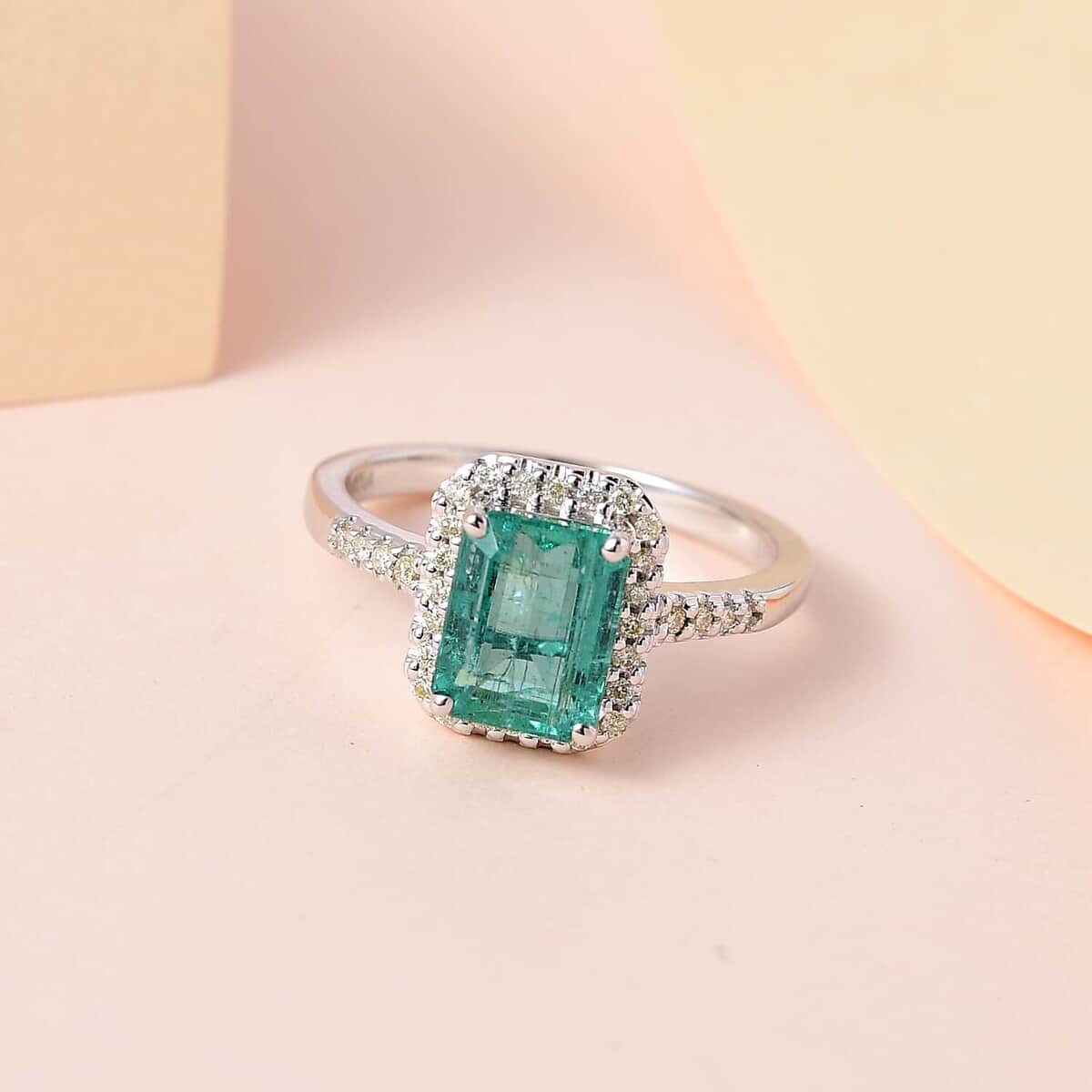 Iliana 18K White Gold AAA Kagem Zambian Emerald and S2 Natural Yellow Diamond Ring 4 Grams 1.35 ctw (Del. in 15-20 Days) image number 1