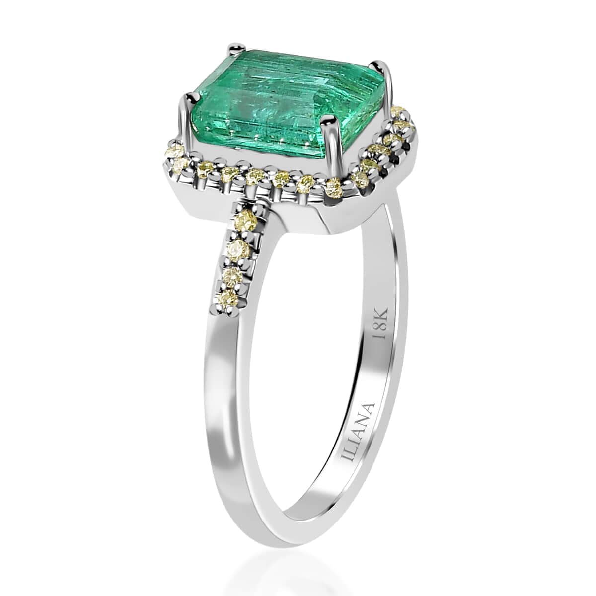 Iliana 18K White Gold AAA Kagem Zambian Emerald and S2 Natural Yellow Diamond Ring 4 Grams 1.35 ctw (Del. in 15-20 Days) image number 3