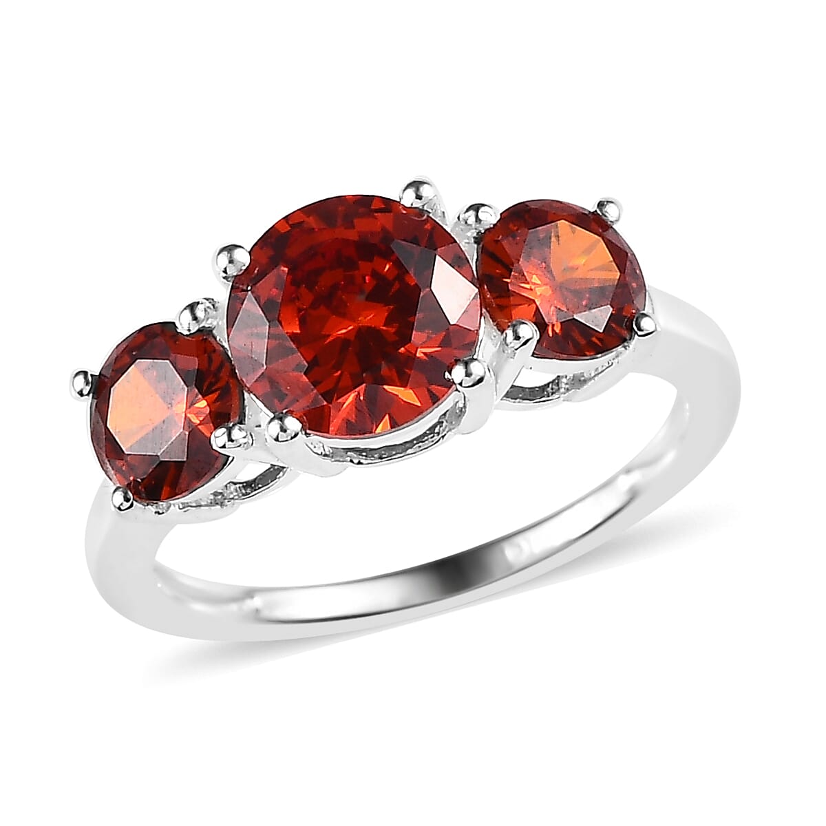 Simulated Garnet Color Diamond 3 Stone Ring in Sterling Silver (Size 10.0) 3.75 ctw