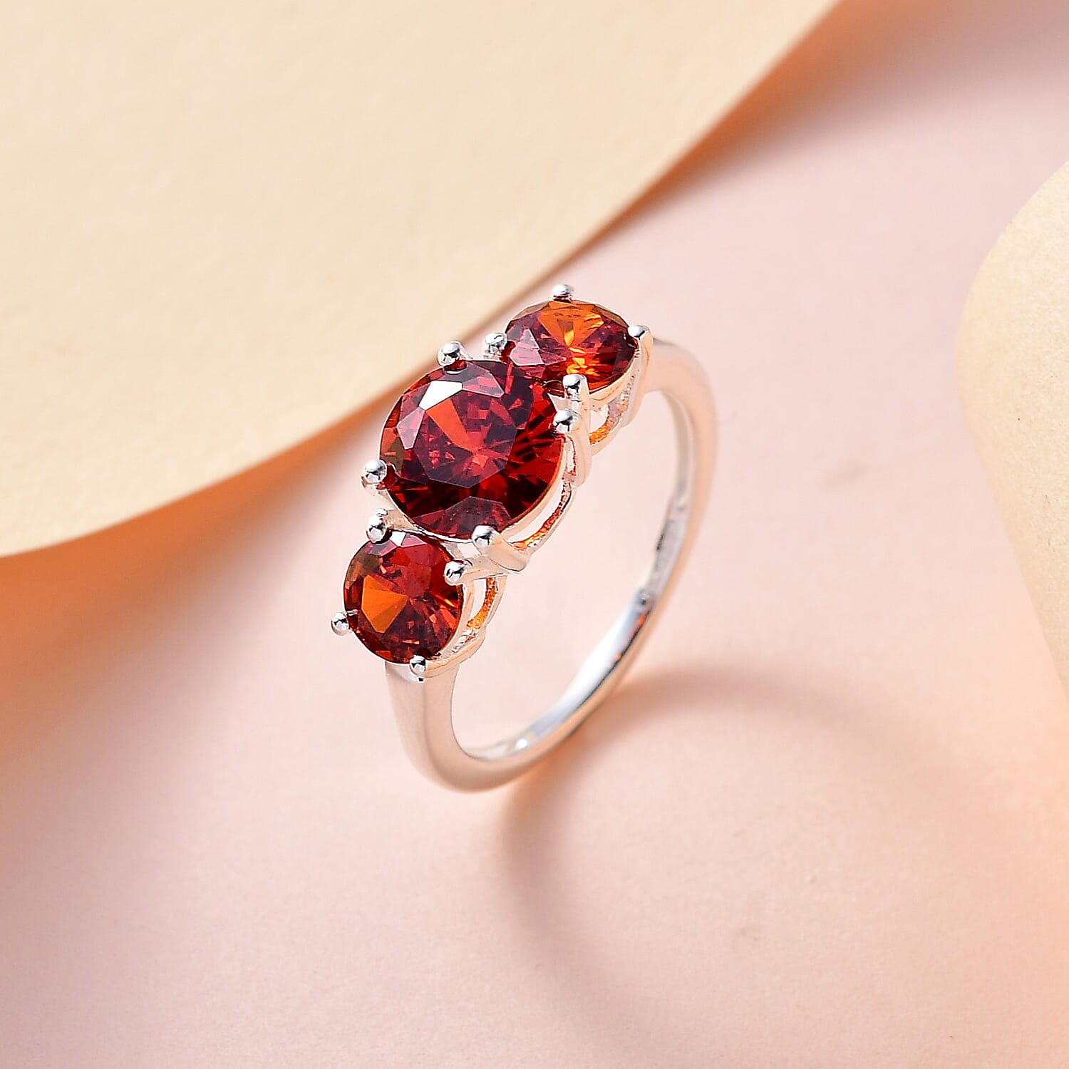 Simulated Garnet Color Diamond 3 Stone Ring in Sterling Silver (Size 10.0) 3.75 ctw