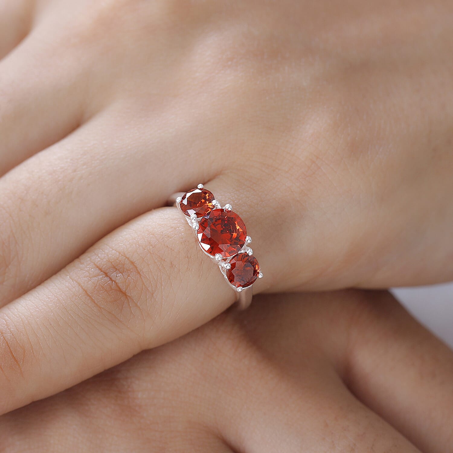Simulated Garnet Color Diamond 3 Stone Ring in Sterling Silver (Size 10.0) 3.75 ctw