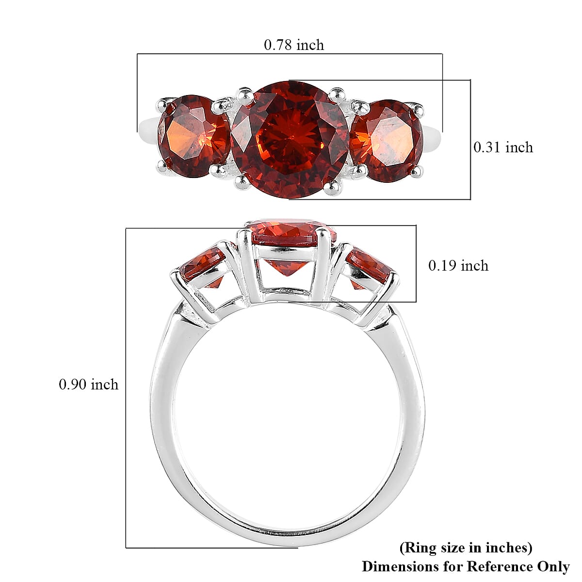 Simulated Garnet Color Diamond 3 Stone Ring in Sterling Silver (Size 10.0) 3.75 ctw