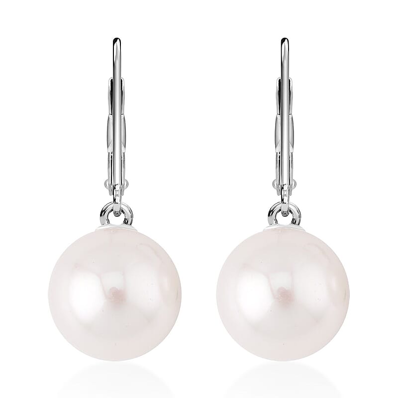 White Shell Pearl Lever Back Earrings in Rhodium Over Sterling Silver