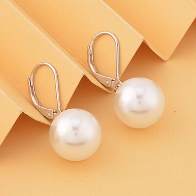 White Shell Pearl Lever Back Earrings in Rhodium Over Sterling Silver