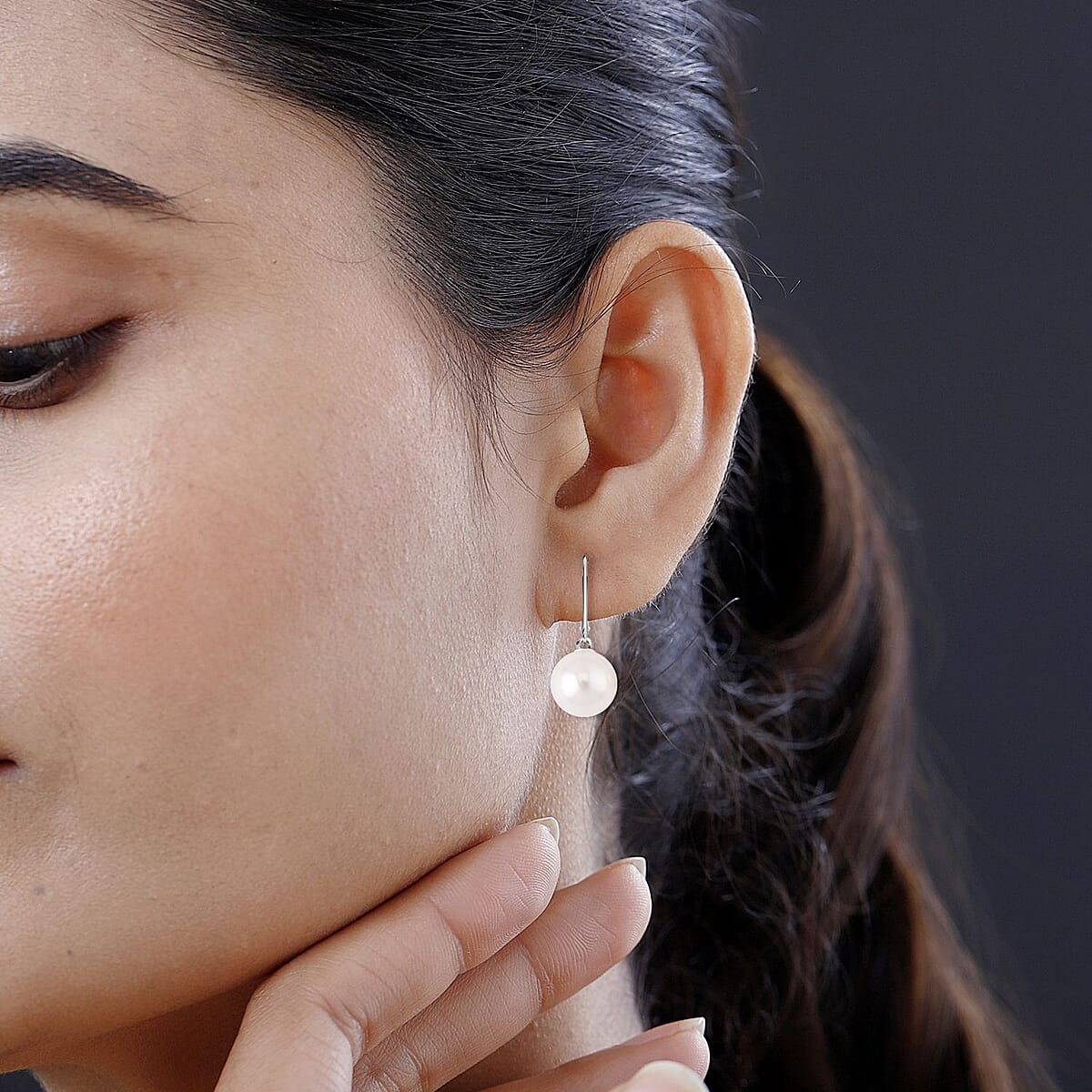 White Shell Pearl Lever Back Earrings in Rhodium Over Sterling Silver image number 2