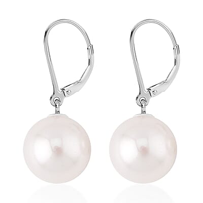 White Shell Pearl Lever Back Earrings in Rhodium Over Sterling Silver