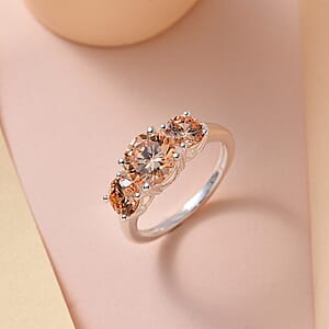 Simulated Champagne Diamond 3 Stone Ring in Sterling Silver (Size 5.0) 4.15 ctw