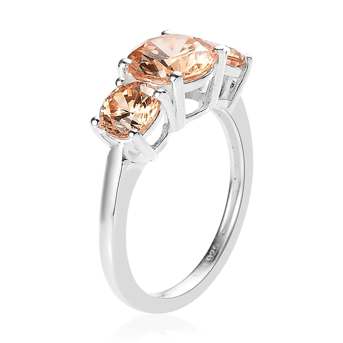 Simulated Champagne Diamond 3 Stone Ring in Sterling Silver (Size 5.0) 4.15 ctw image number 3