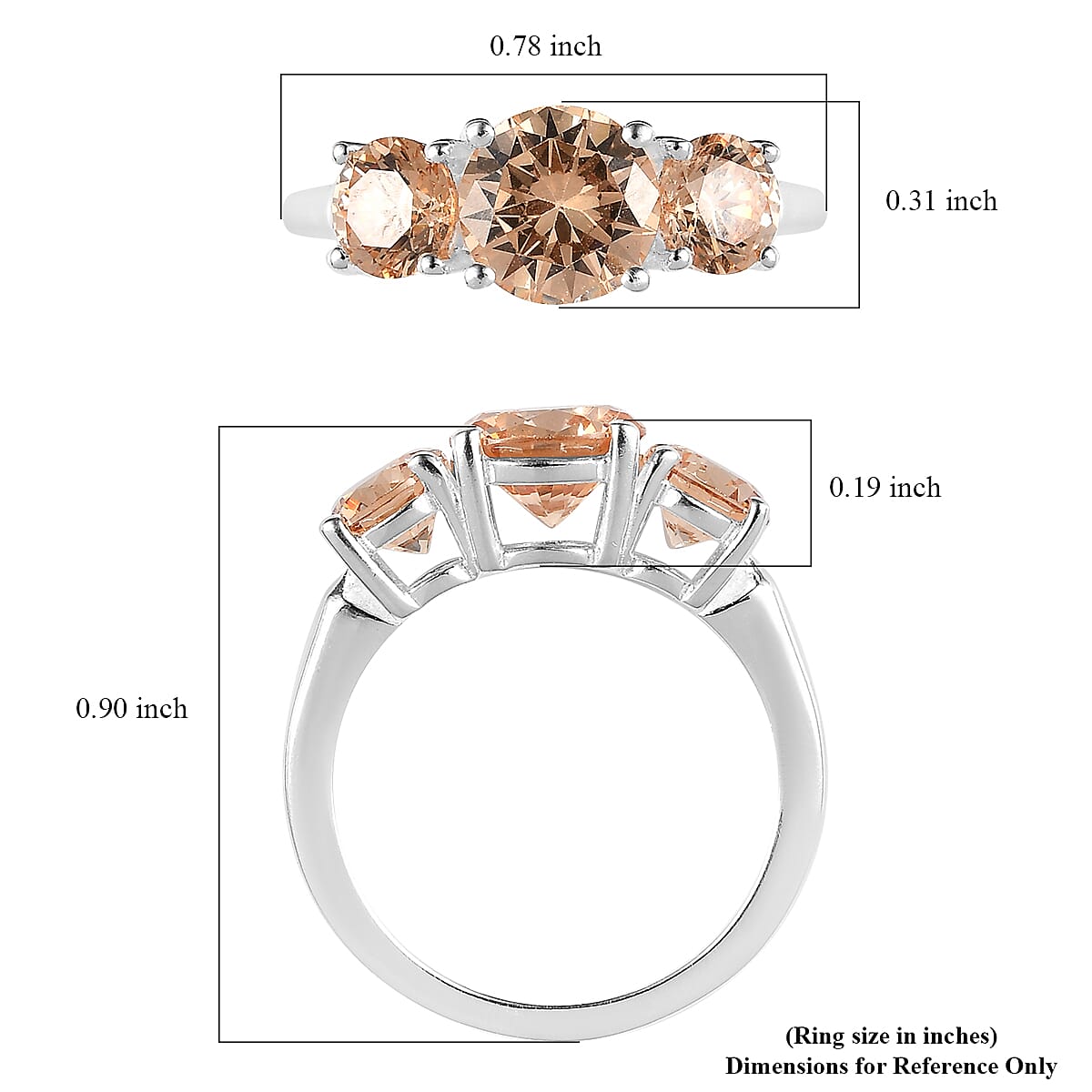 Simulated Champagne Diamond 3 Stone Ring in Sterling Silver (Size 5.0) 4.15 ctw image number 5