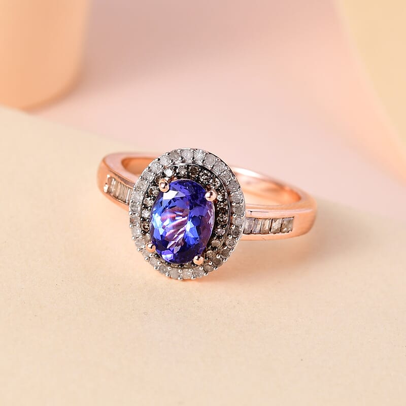 Tanzanite, Natural Champagne and White Diamond Double Halo Ring in Vermeil Rose Gold Over Sterling Silver (Size 10.0) 1.65 ctw