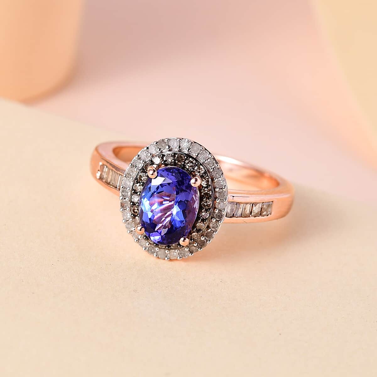 Tanzanite, Natural Champagne and White Diamond Double Halo Ring in Vermeil Rose Gold Over Sterling Silver (Size 10.0) 1.65 ctw image number 1