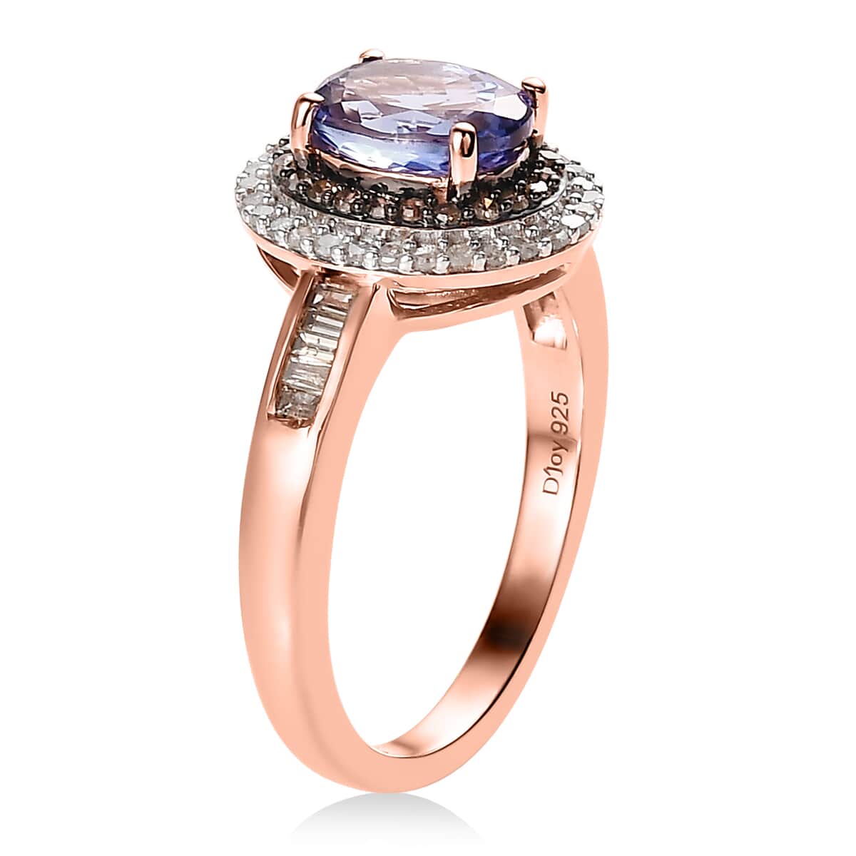 Tanzanite, Natural Champagne and White Diamond Double Halo Ring in Vermeil Rose Gold Over Sterling Silver (Size 10.0) 1.65 ctw image number 3