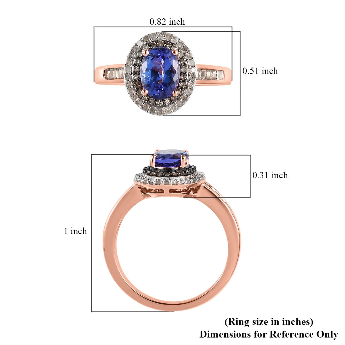 Tanzanite, Natural Champagne and White Diamond Double Halo Ring in Vermeil Rose Gold Over Sterling Silver (Size 10.0) 1.65 ctw image number 5