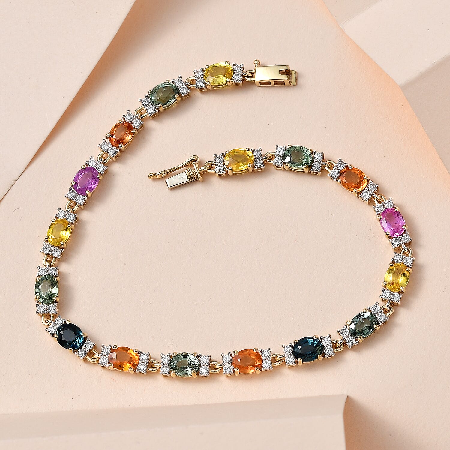 Luxoro 10K Yellow Gold Premium Multi Sapphire and Moissanite Bracelet (6.50 In) 4 Grams 8.50 ctw