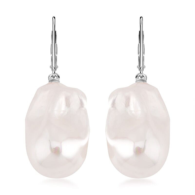 Organic Shape Baroque Pearl Lever Back Earrings in Rhodium Over Sterling Silver