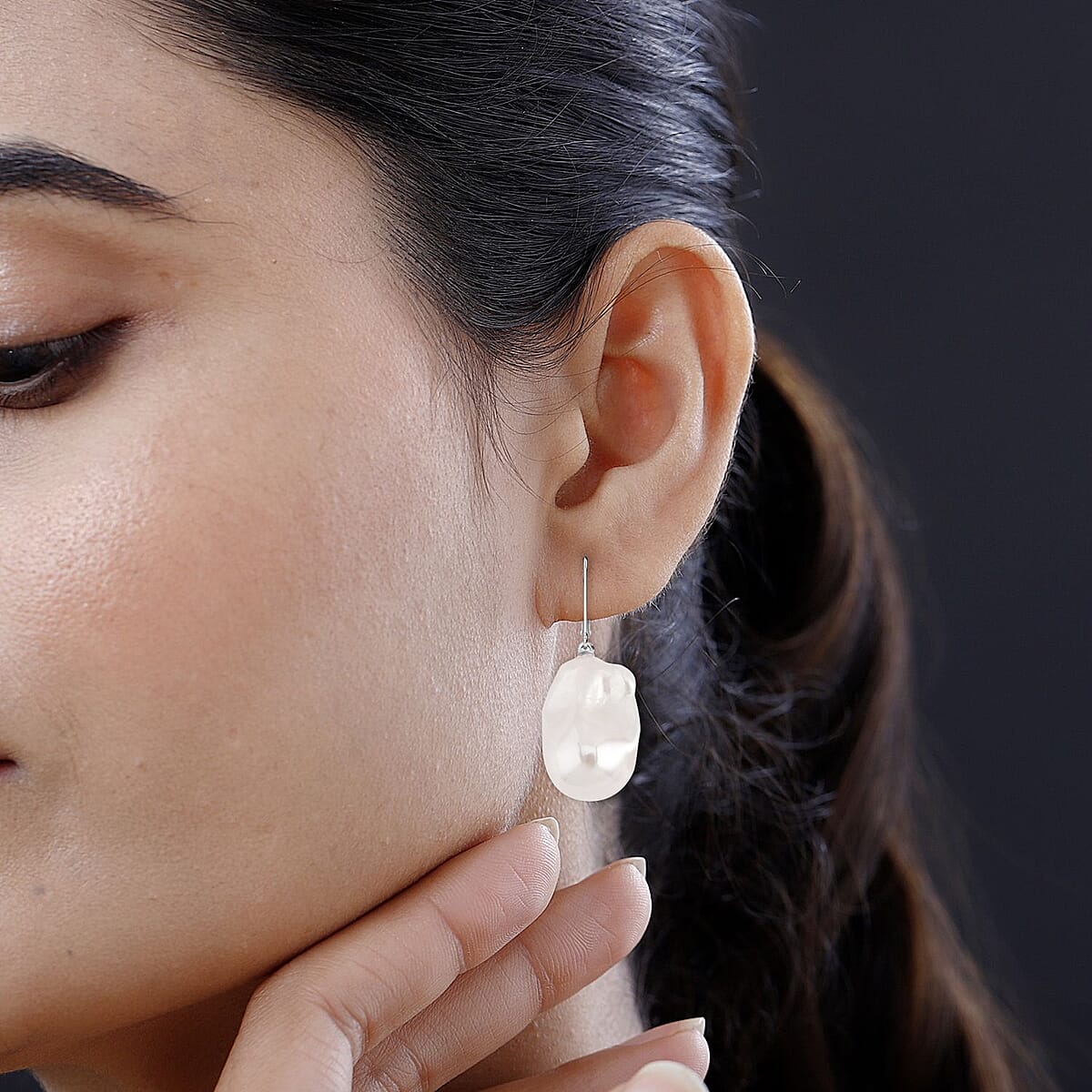 Organic Shape Baroque Pearl Lever Back Earrings in Rhodium Over Sterling Silver image number 2