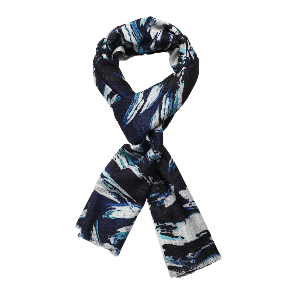 LA Marey Off White and Blue Wave Pattern 100% Cashmere Wool Scarf image number 3