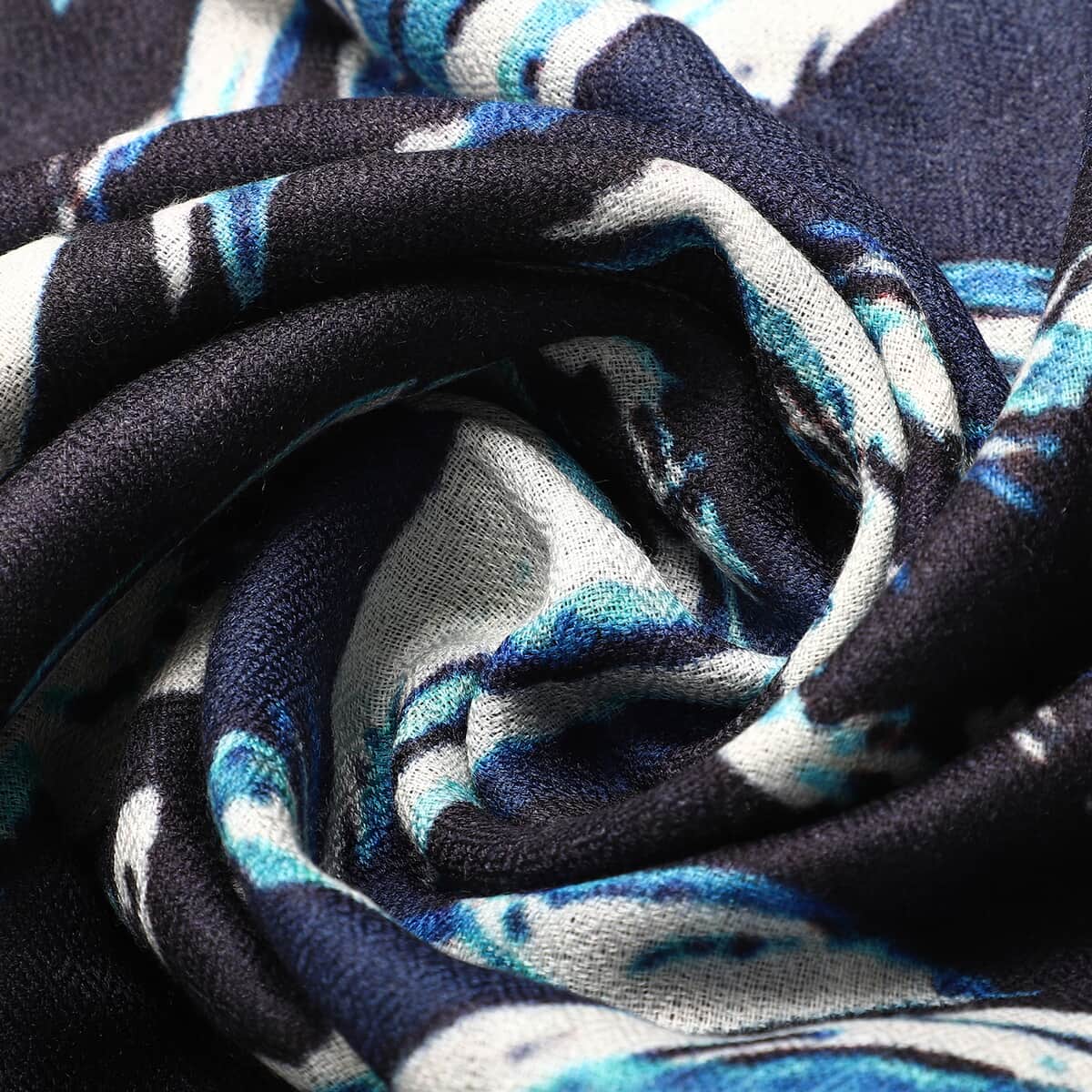 LA Marey Off White and Blue Wave Pattern 100% Cashmere Wool Scarf image number 5