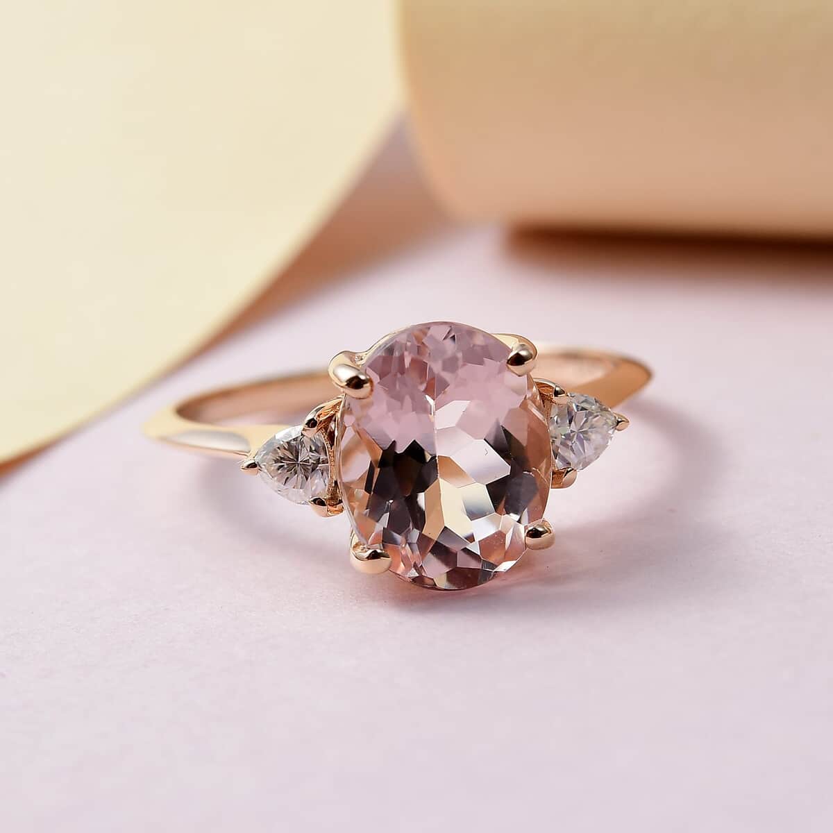 Luxoro 10K Rose Gold AAA Marropino Morganite and Moissanite Ring (Size 8.0) 2.50 ctw image number 1