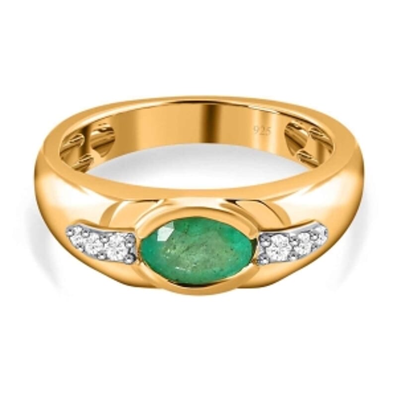 Boyaca Colombian Emerald and White Zircon 0.89 ctw Ring in Vermeil Yellow Gold Over Sterling Silver (Size 11.5)