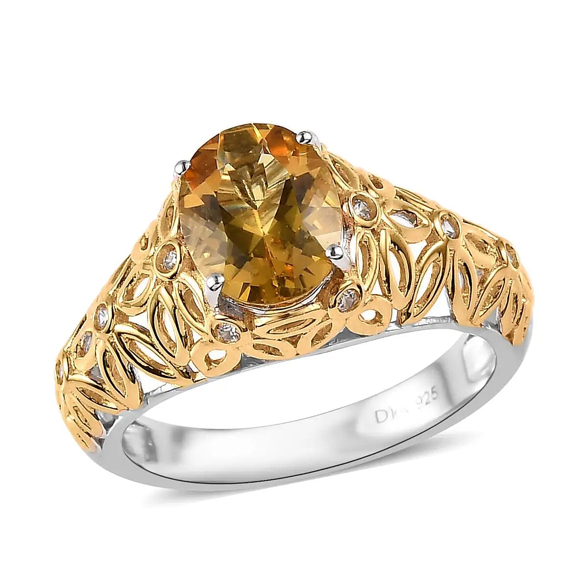 Premium Brazilian Heliodor Ring, White Zircon Accent Ring, Filigree Ring, Vermeil Yellow Gold and Platinum Over Sterling Silver Ring, Wedding Ring 1.75 ctw (Size 10) image number 0