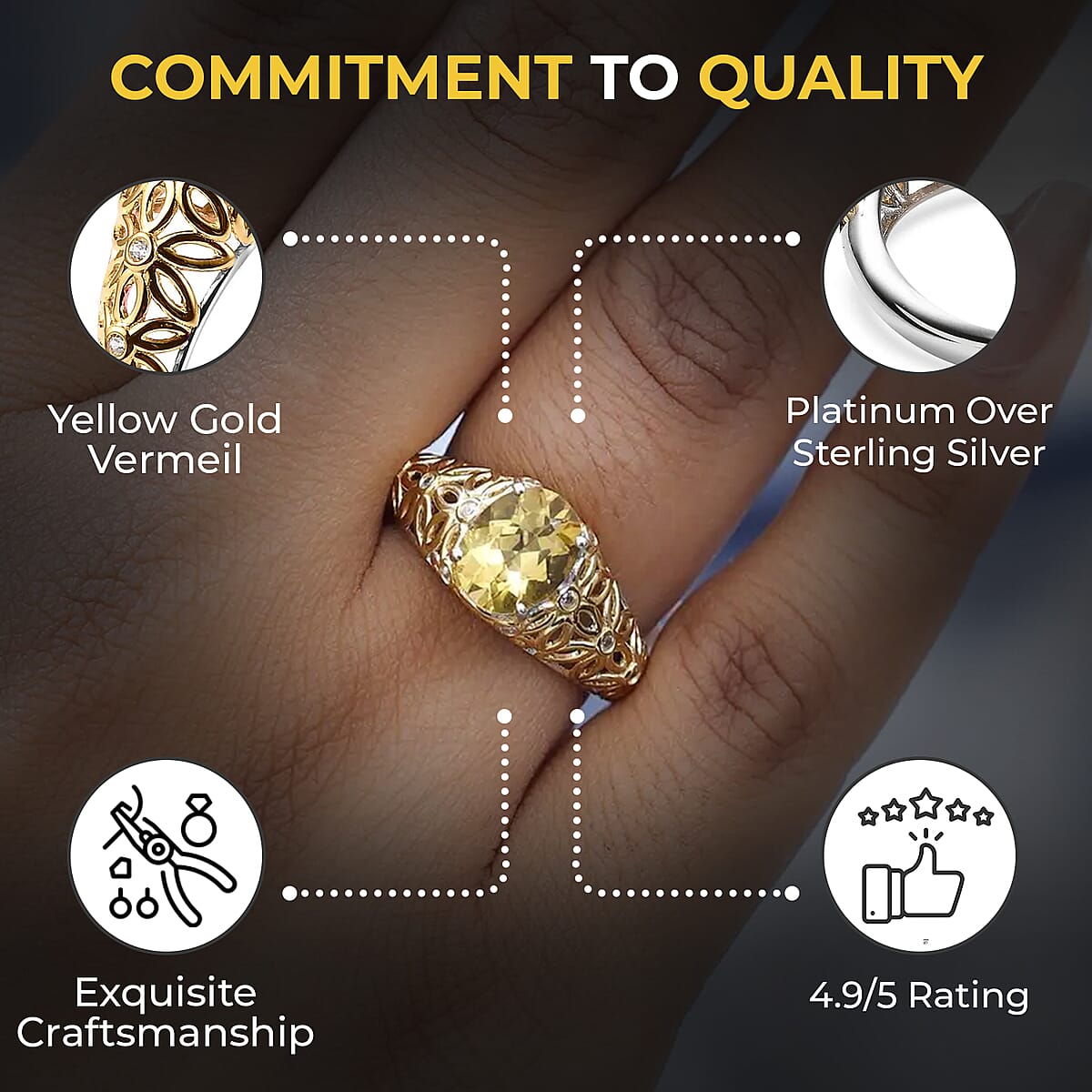 Premium Brazilian Heliodor Ring, White Zircon Accent Ring, Filigree Ring, Vermeil Yellow Gold and Platinum Over Sterling Silver Ring, Wedding Ring 1.75 ctw (Size 7) image number 2