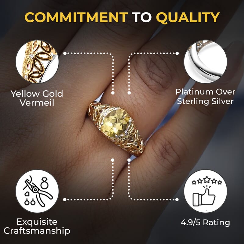 Premium Brazilian Heliodor Ring, White Zircon Accent Ring, Filigree Ring, Vermeil Yellow Gold and Platinum Over Sterling Silver Ring, Wedding Ring 1.75 ctw (Size 7)
