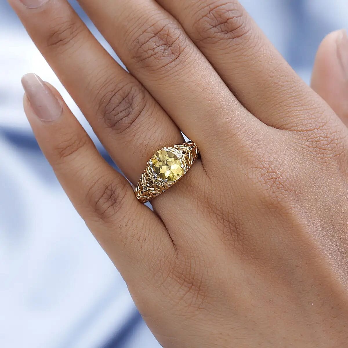 Premium Brazilian Heliodor Ring, White Zircon Accent Ring, Filigree Ring, Vermeil Yellow Gold and Platinum Over Sterling Silver Ring, Wedding Ring 1.75 ctw (Size 7) image number 5