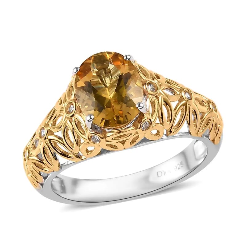 Premium Brazilian Heliodor Ring, White Zircon Accent Ring, Filigree Ring, Vermeil Yellow Gold and Platinum Over Sterling Silver Ring, Wedding Ring 1.75 ctw (Size 9)