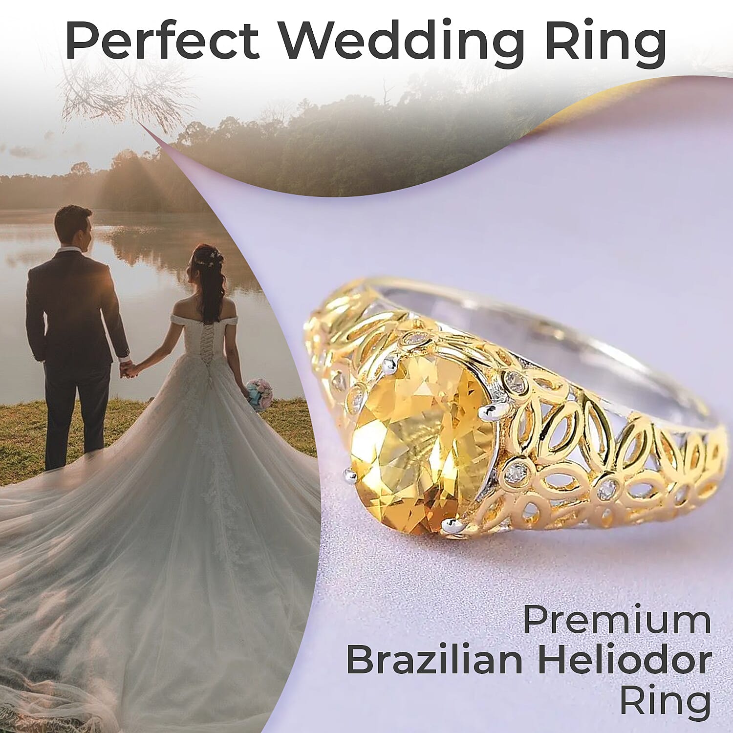Premium Brazilian Heliodor Ring, White Zircon Accent Ring, Filigree Ring, Vermeil Yellow Gold and Platinum Over Sterling Silver Ring, Wedding Ring 1.75 ctw (Size 9)