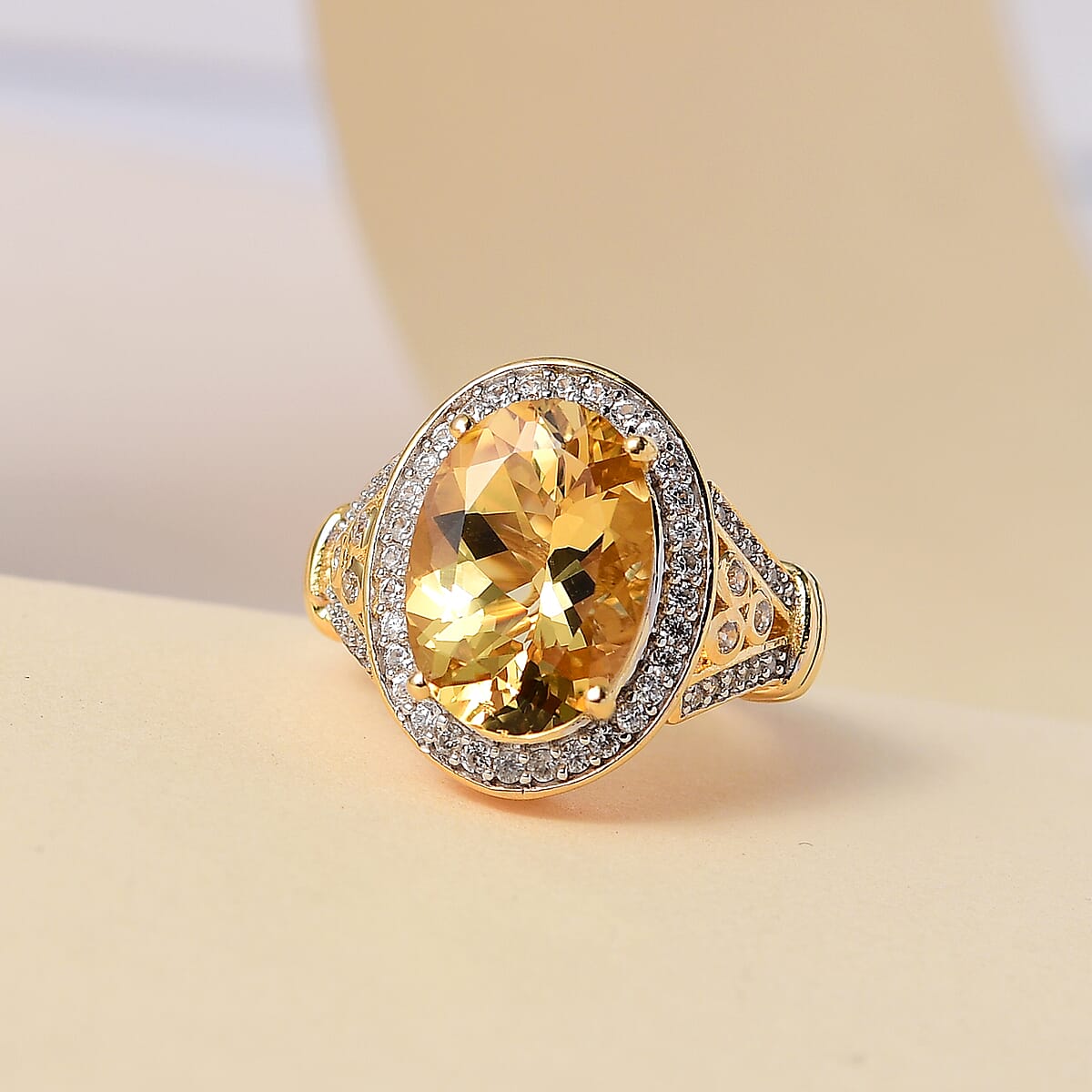 Premium Brazilian Heliodor and White Zircon Halo Ring in Vermeil Yellow Gold Over Sterling Silver (Size 6.0) 6.00 ctw image number 1