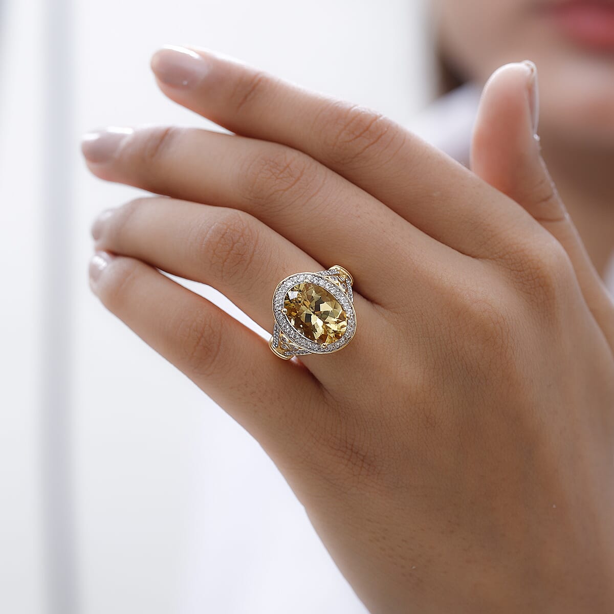 Premium Brazilian Heliodor and White Zircon Halo Ring in Vermeil Yellow Gold Over Sterling Silver (Size 9.0) 6.00 ctw image number 2