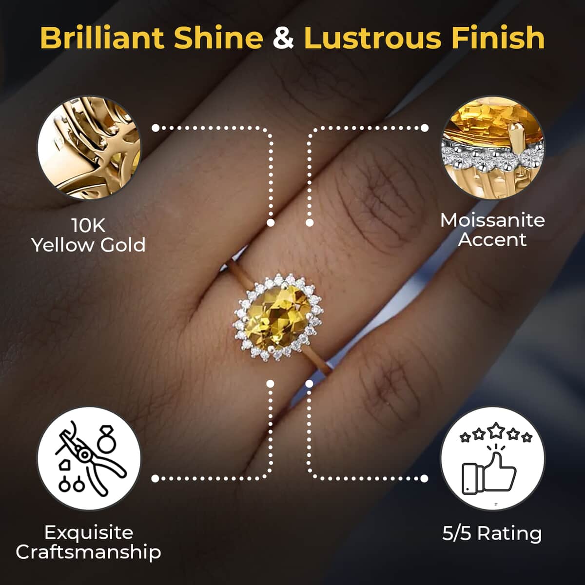 Luxoro AAA Brazilian Heliodor Sunburst Ring, Moissanite Accent Ring, 10K Yellow Gold Ring, Heliodor Ring, Engagement Ring For Her 1.85 ctw image number 2