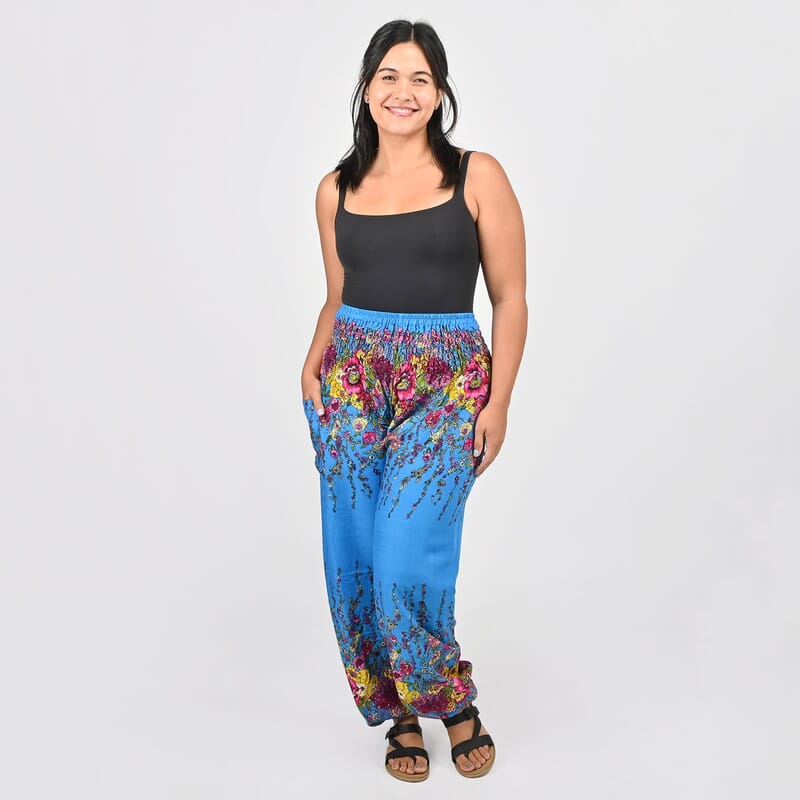 Tamsy Blue Floral Printed Harem Pants - One Size Fits Most