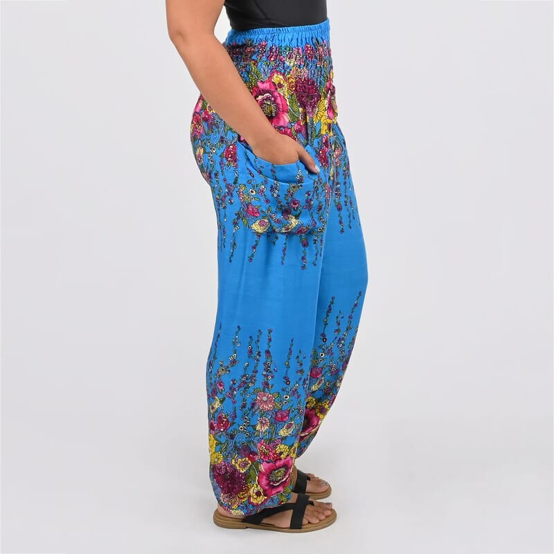 Tamsy Blue Floral Printed Harem Pants - One Size Fits Most