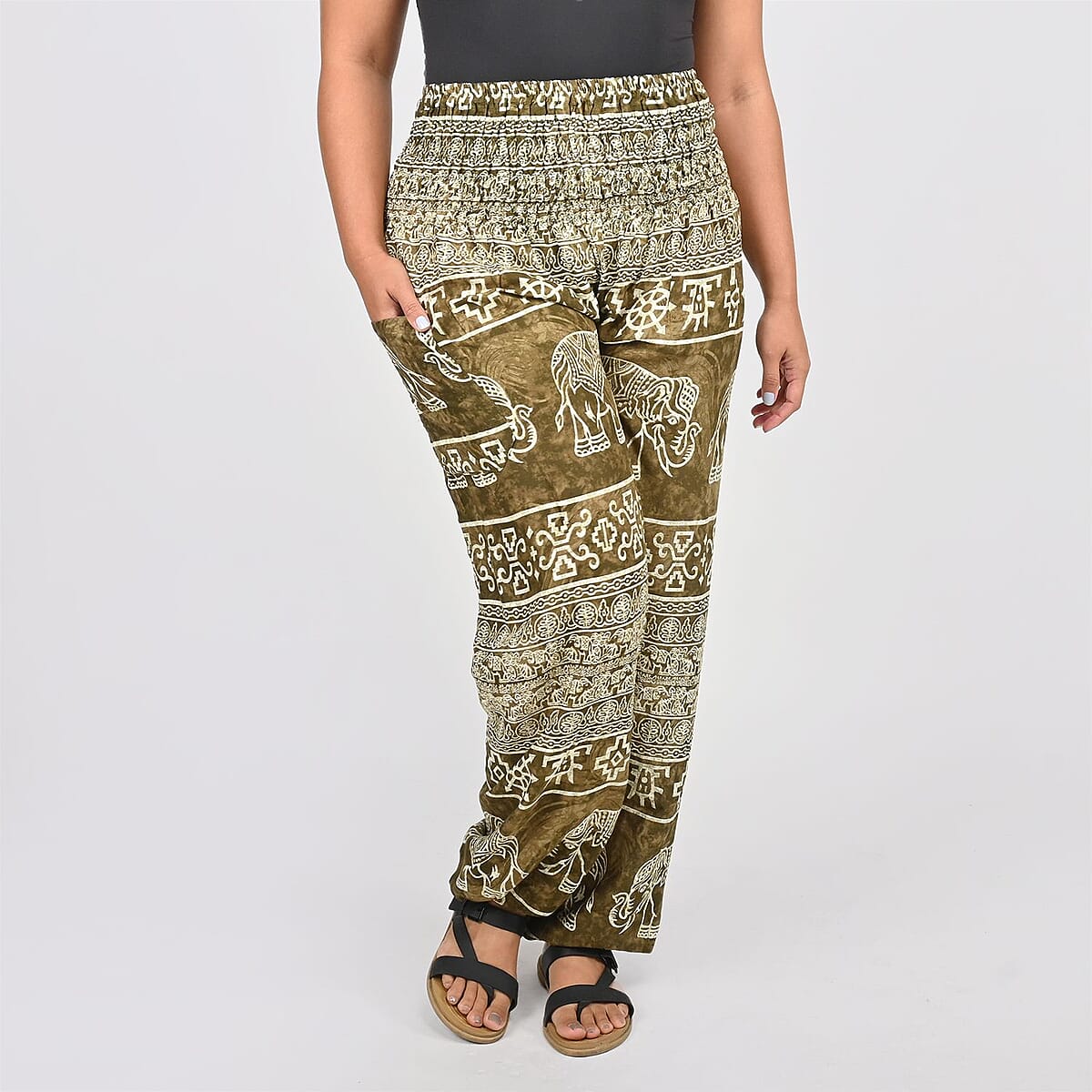 Tamsy Brown Elephant Printed Harem Pants - One Size Fits Most image number 1