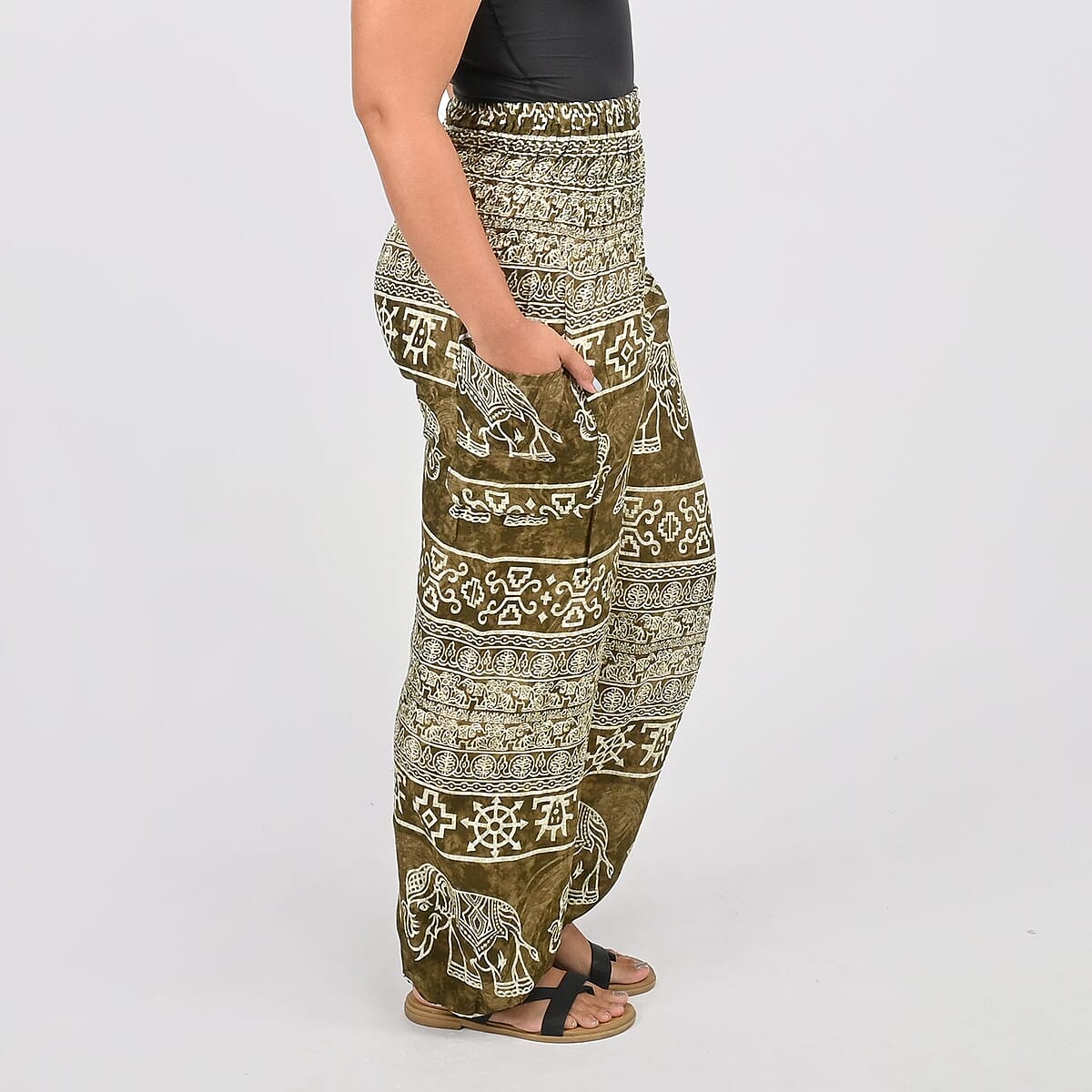 Tamsy Brown Elephant Printed Harem Pants - One Size Fits Most image number 2