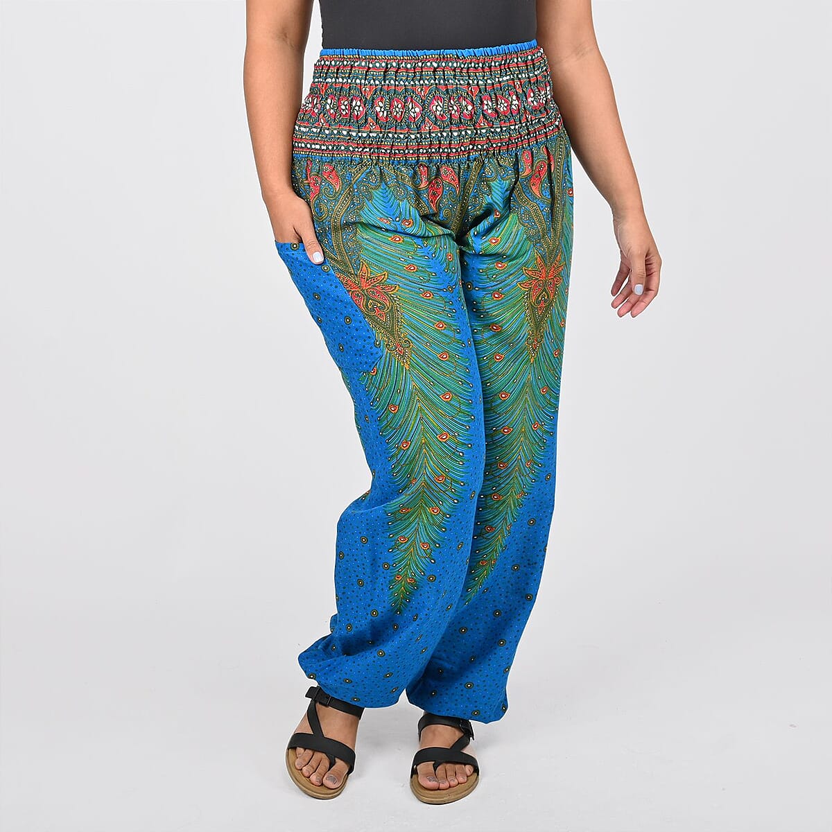 Tamsy Turquoise Peacock Printed Harem Pants - One Size Fits Most image number 1
