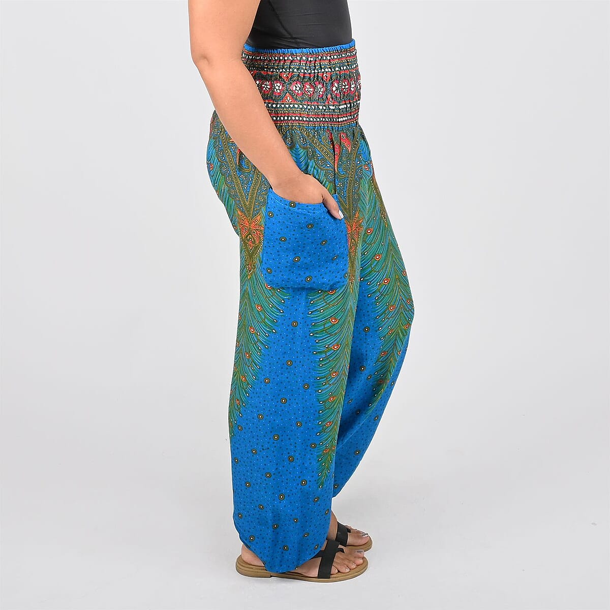Tamsy Turquoise Peacock Printed Harem Pants - One Size Fits Most image number 2
