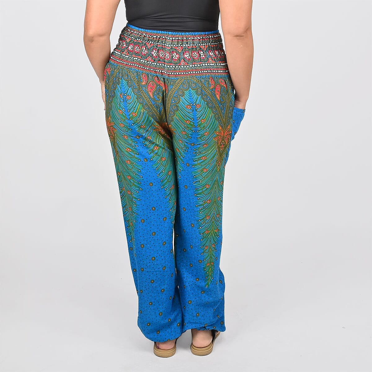 Tamsy Turquoise Peacock Printed Harem Pants - One Size Fits Most image number 3